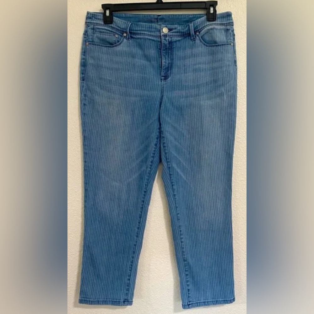 NWT 3 Chico’s So Slimming Crop Railroad Stripe Blue Girlfriend Crop Jeans
